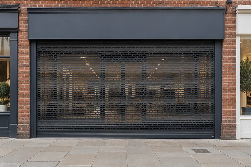 Perforated security roller shutter across a brick shopfront